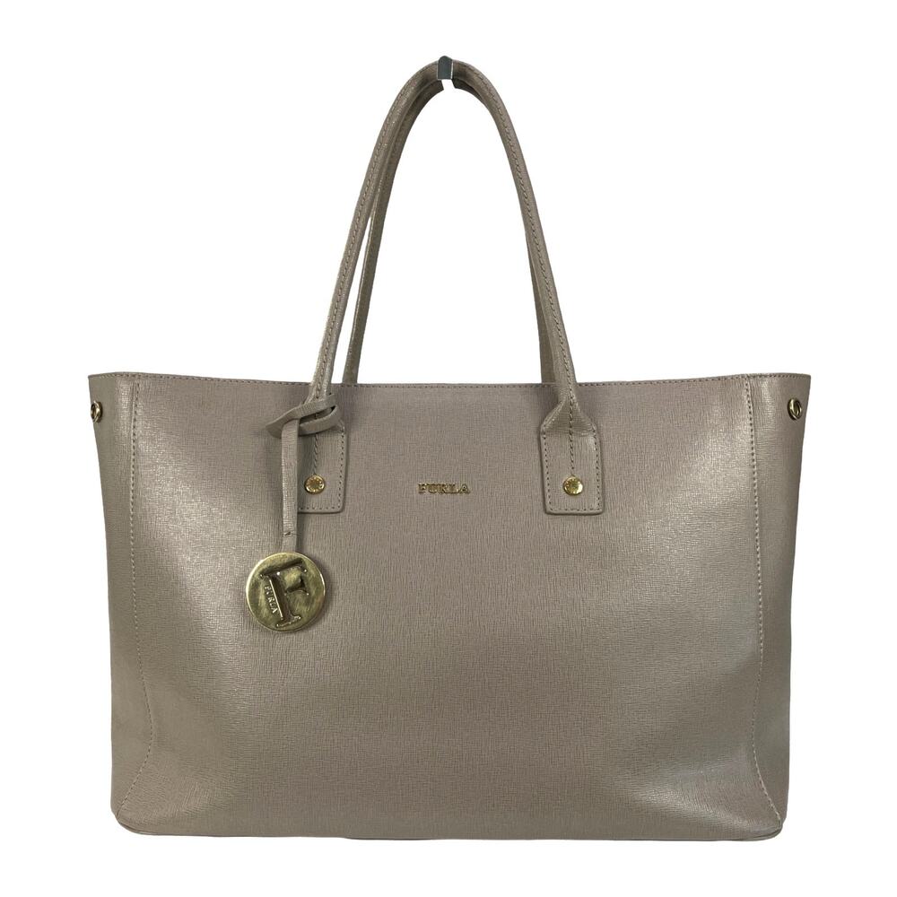Furla Gray Taupe Saffiano Leather Tote Shoulder Bag Gold Hardware Italy